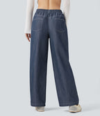 Pantalon décontracté large effet lin taille haute infroissable avec cordon et poches