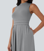 Robe longue décontractée sans manches à col montant, coupe évasée et poches latérales