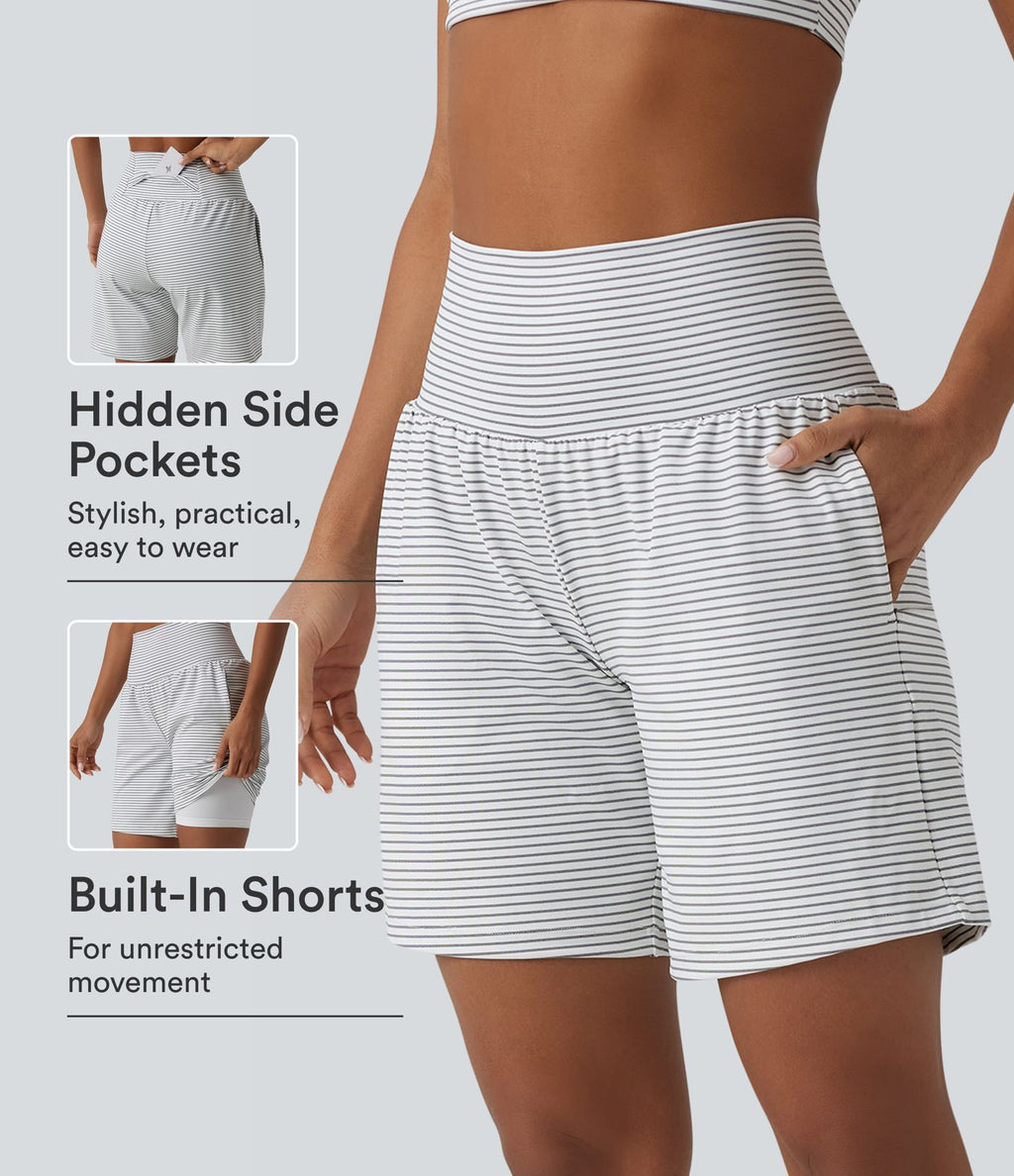 Short yoga 2-en-1 à rayures taille super haute 17,5 cm avec poches