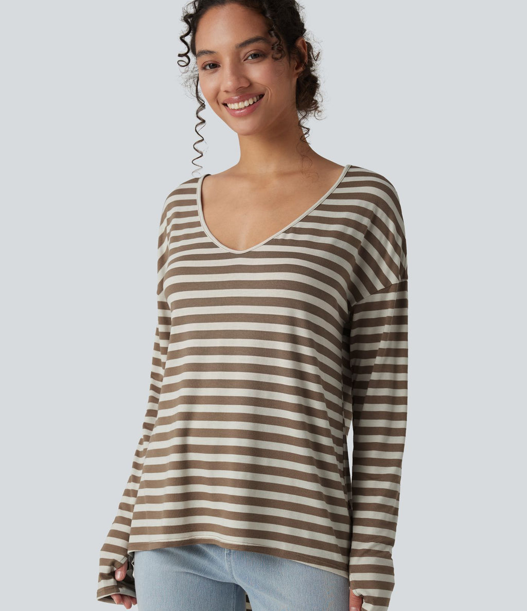 T-shirt ample décolleté plongeant manches longues à rayures et trous pour les pouces - Réversible devant et dos