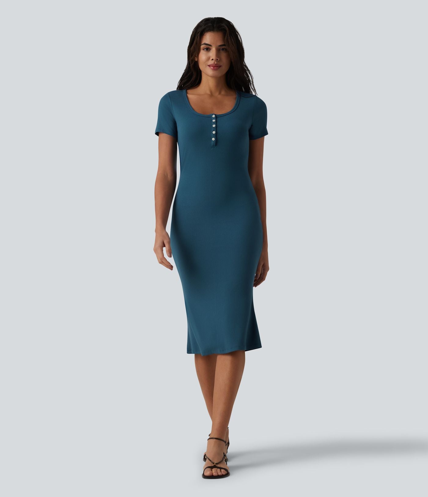 Robe midi casual moulante en maille côtelée à manches courtes, col henley et bas sirène