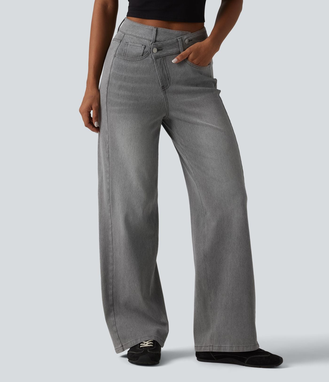 Jean baggy asymétrique Halara Flex™ taille haute effet délavé avec poches