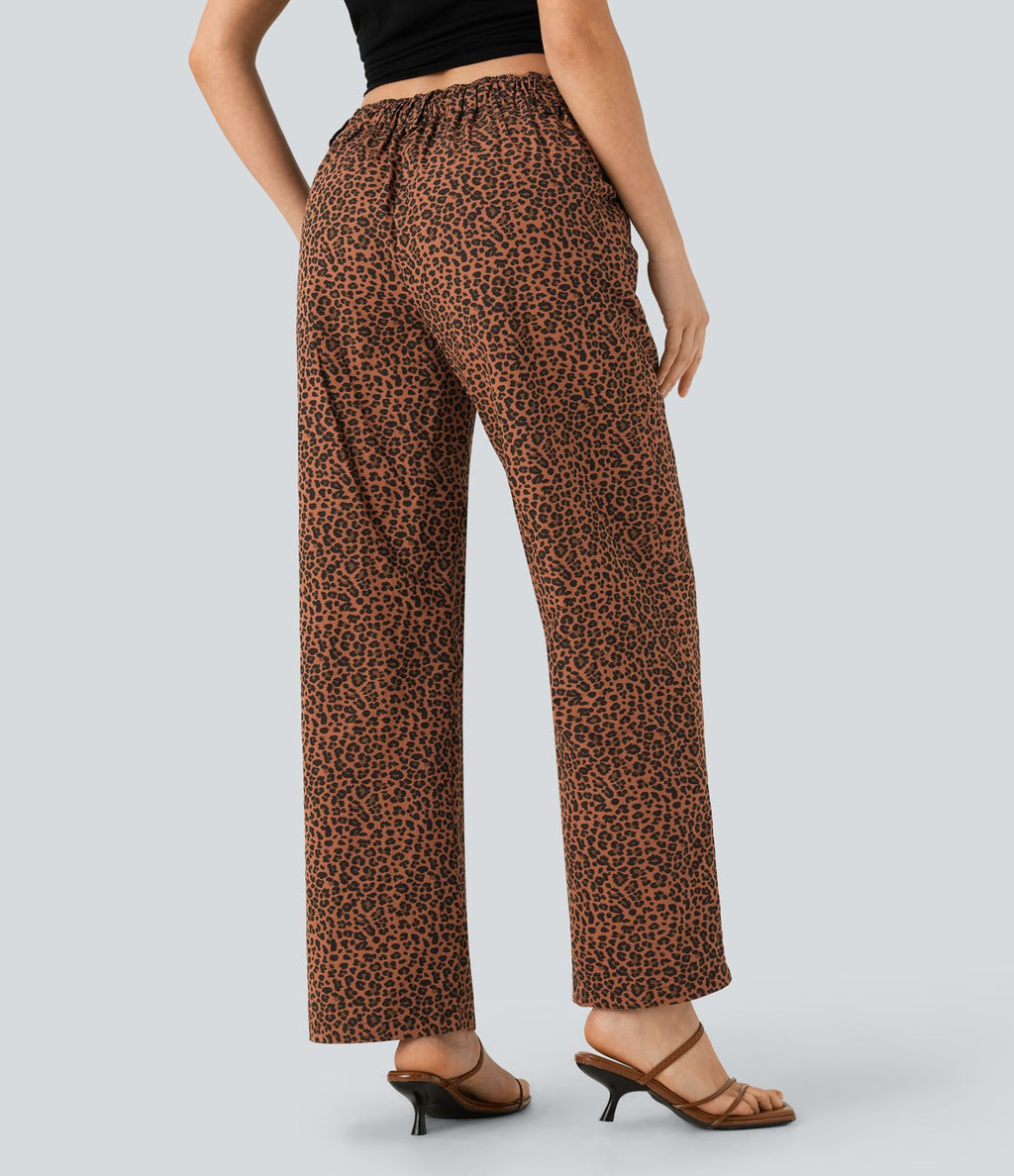 Pantalon décontracté en coton à jambe droite, taille moyenne, imprimé léopard avec poches