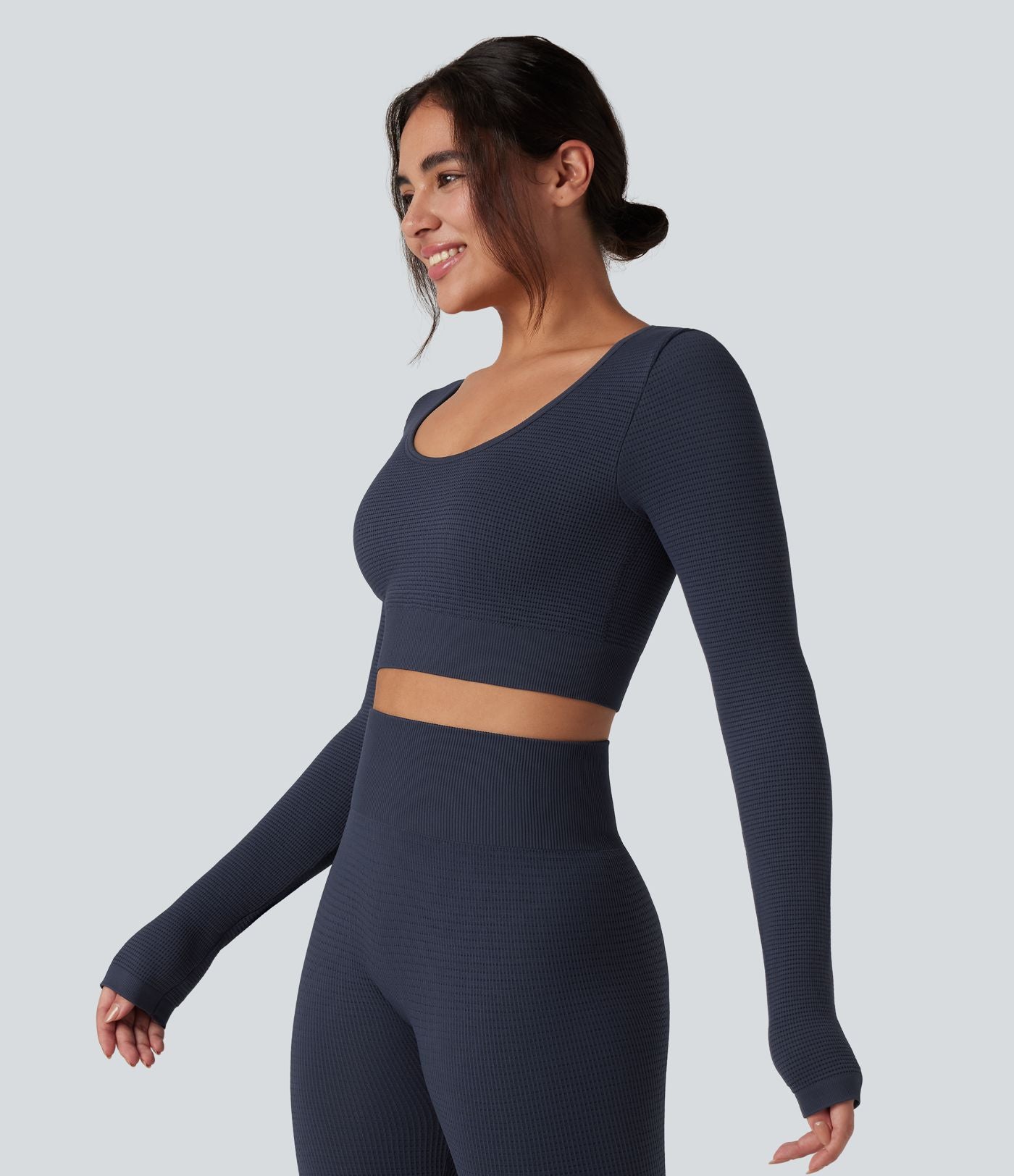 Haut de sport yoga court en maille gaufrée à manches longues sans couture OneForm Seamless Flow