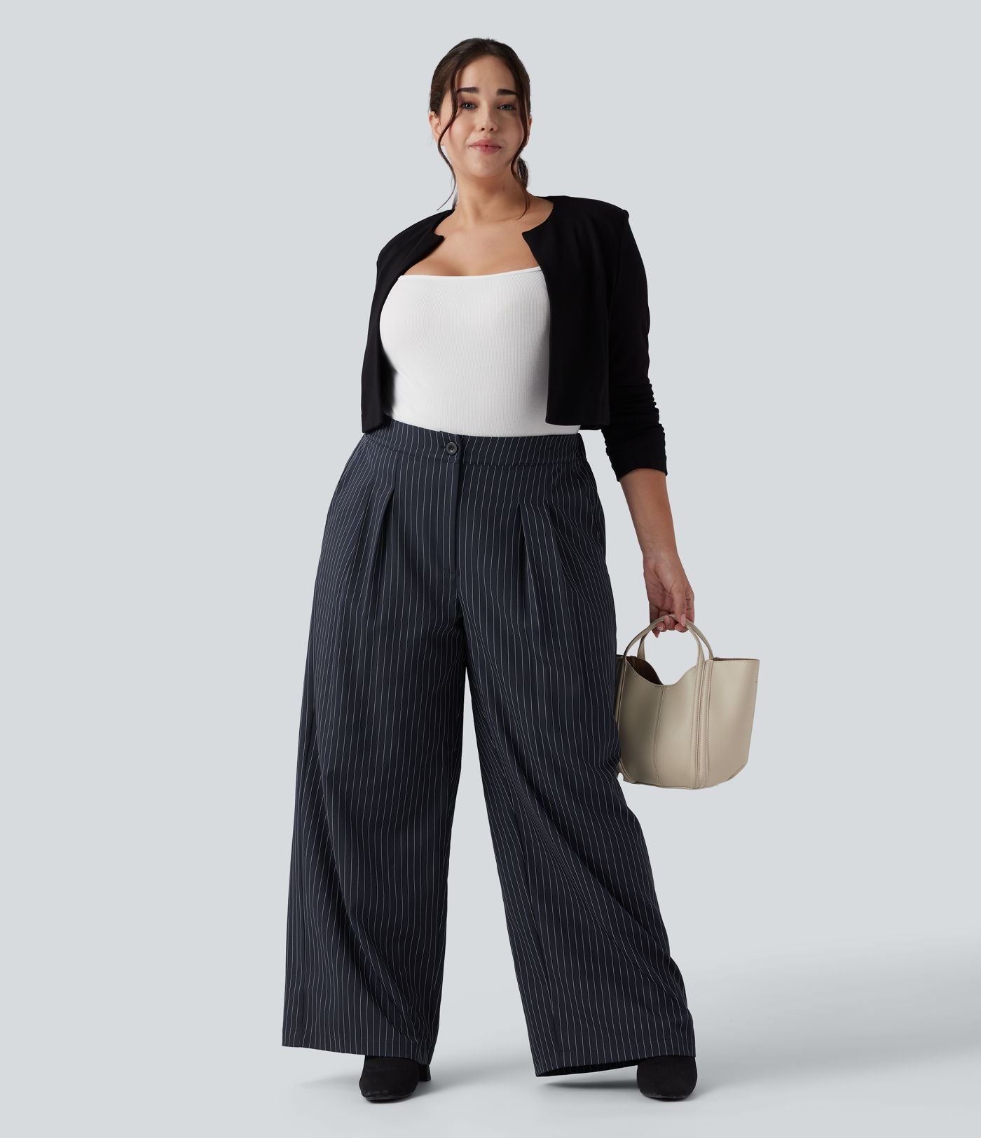 Pantalon tailleur large grande taille taille haute à rayures avec poches