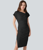 Robe habillée asymétrique col bénitier manches courtes froncée avec ourlet fendu