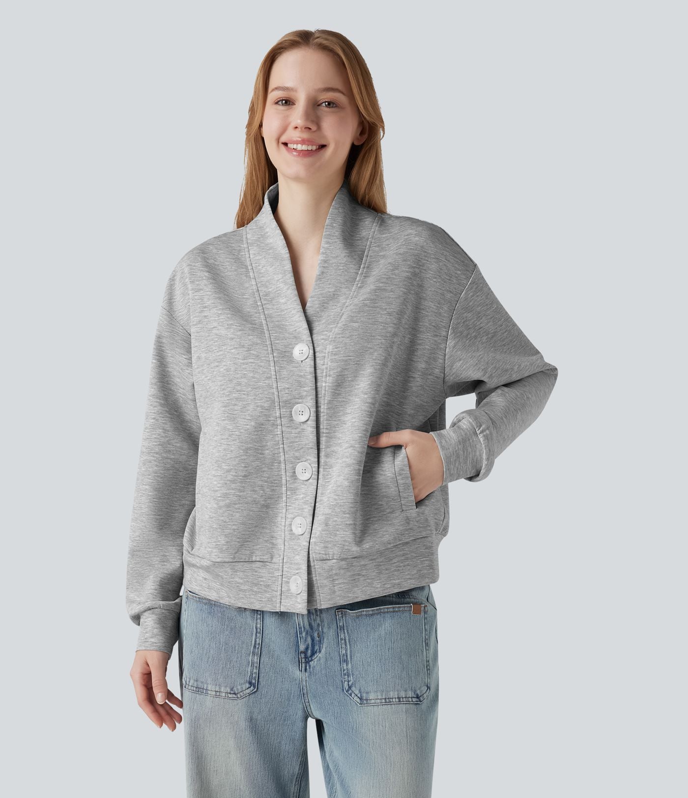 Sweat-shirt col V à manches longues avec boutonnage et poches