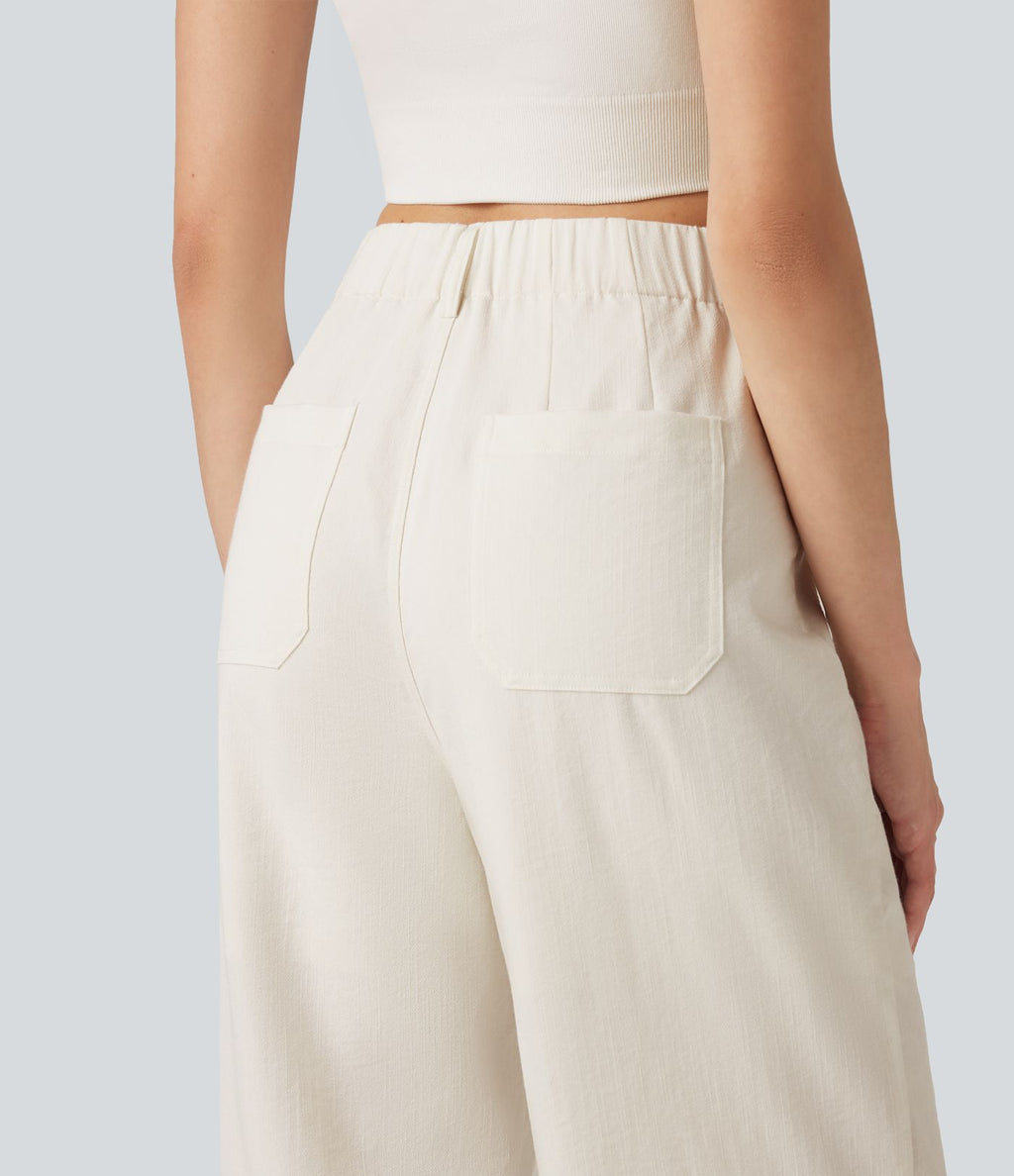 Pantalon décontracté coupe droite taille haute aspect lin avec poches
