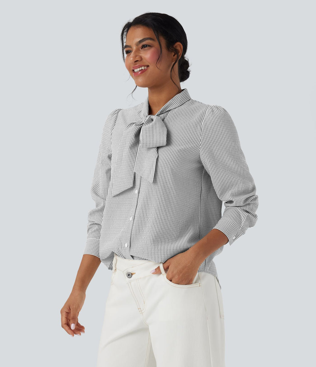Chemise décontractée rayée à manches longues avec nœud devant