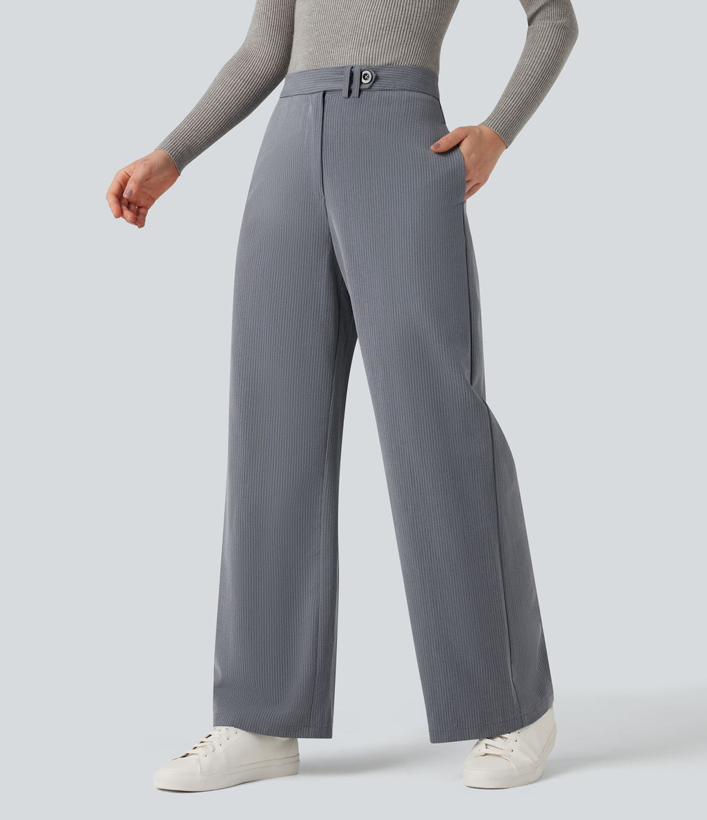 Pantalon tailleur rayé coupe droite taille haute avec poches