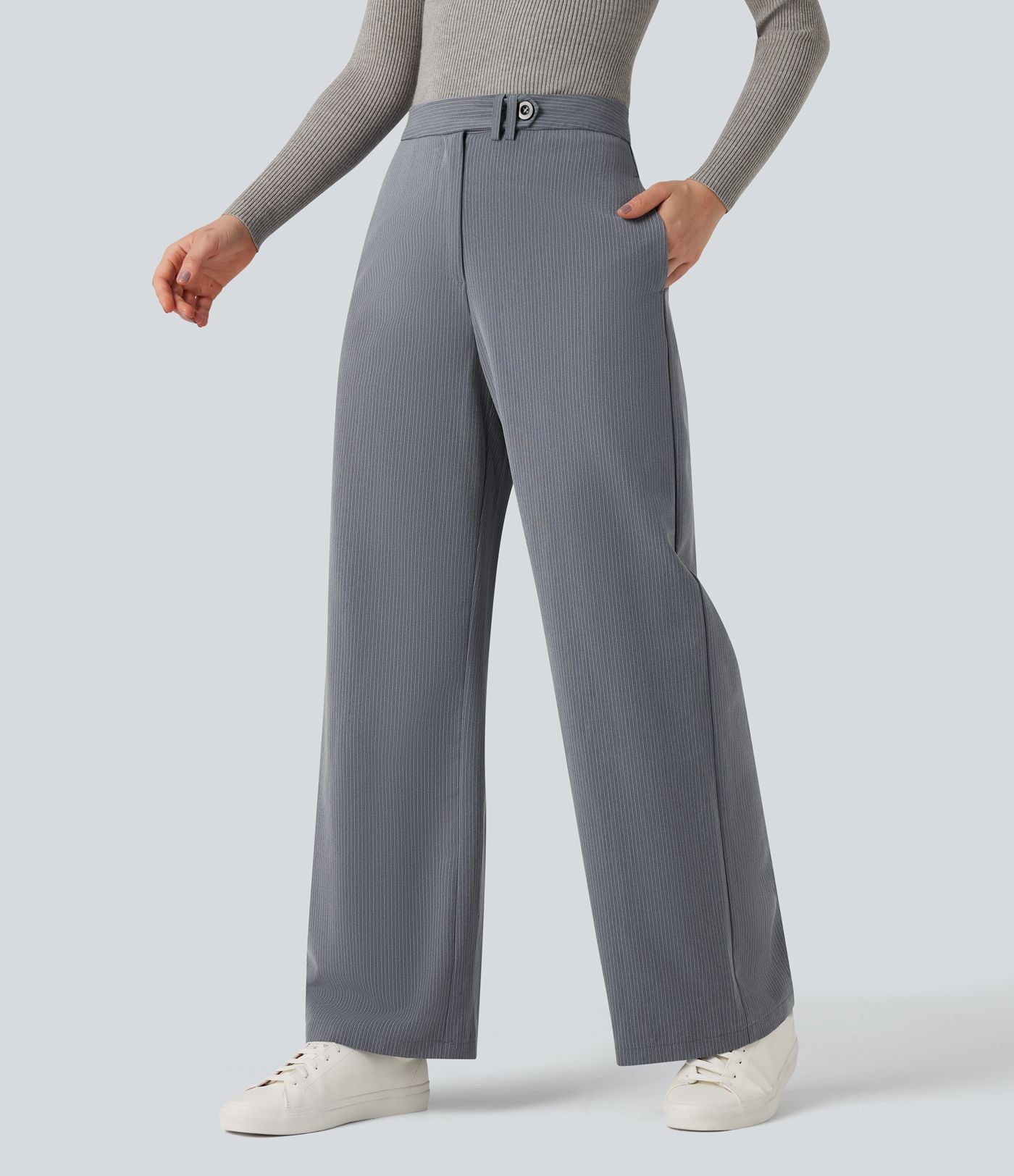 Pantalon tailleur rayé coupe droite taille haute avec poches