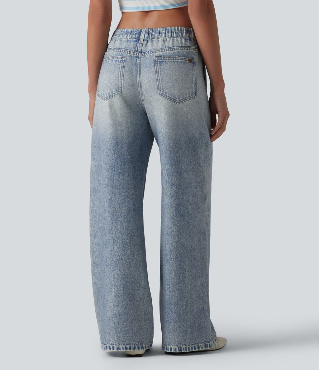 Jogging jean décontracté en molleton French Terry imprimé denim taille mi-haute avec poches