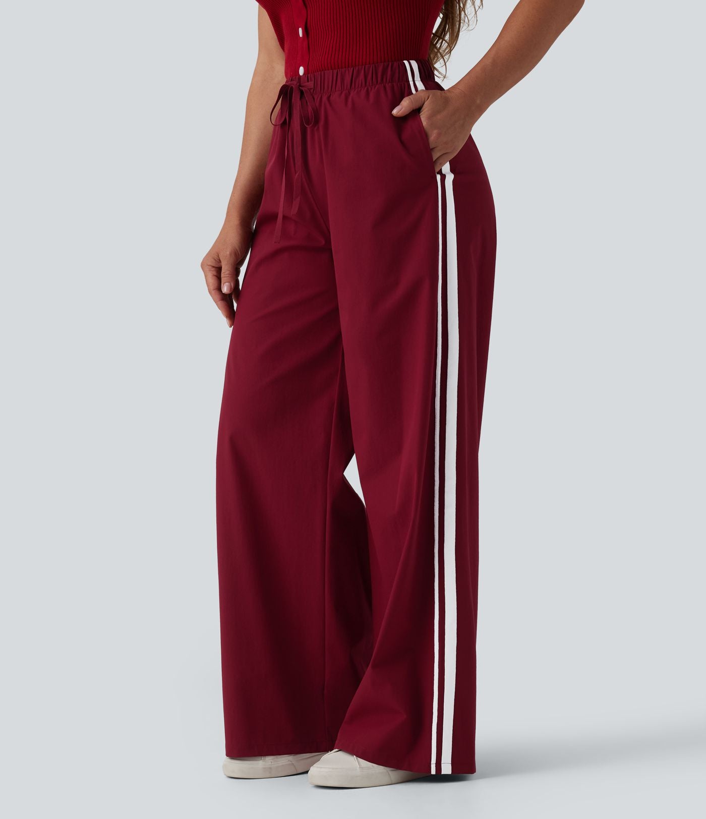 Pantalon large décontracté rayé taille haute avec cordon de serrage avec poches