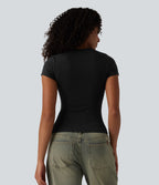 T-shirt Halara décontracté en jersey de coton, col Henley, manches courtes, coupe ultra-ajustée