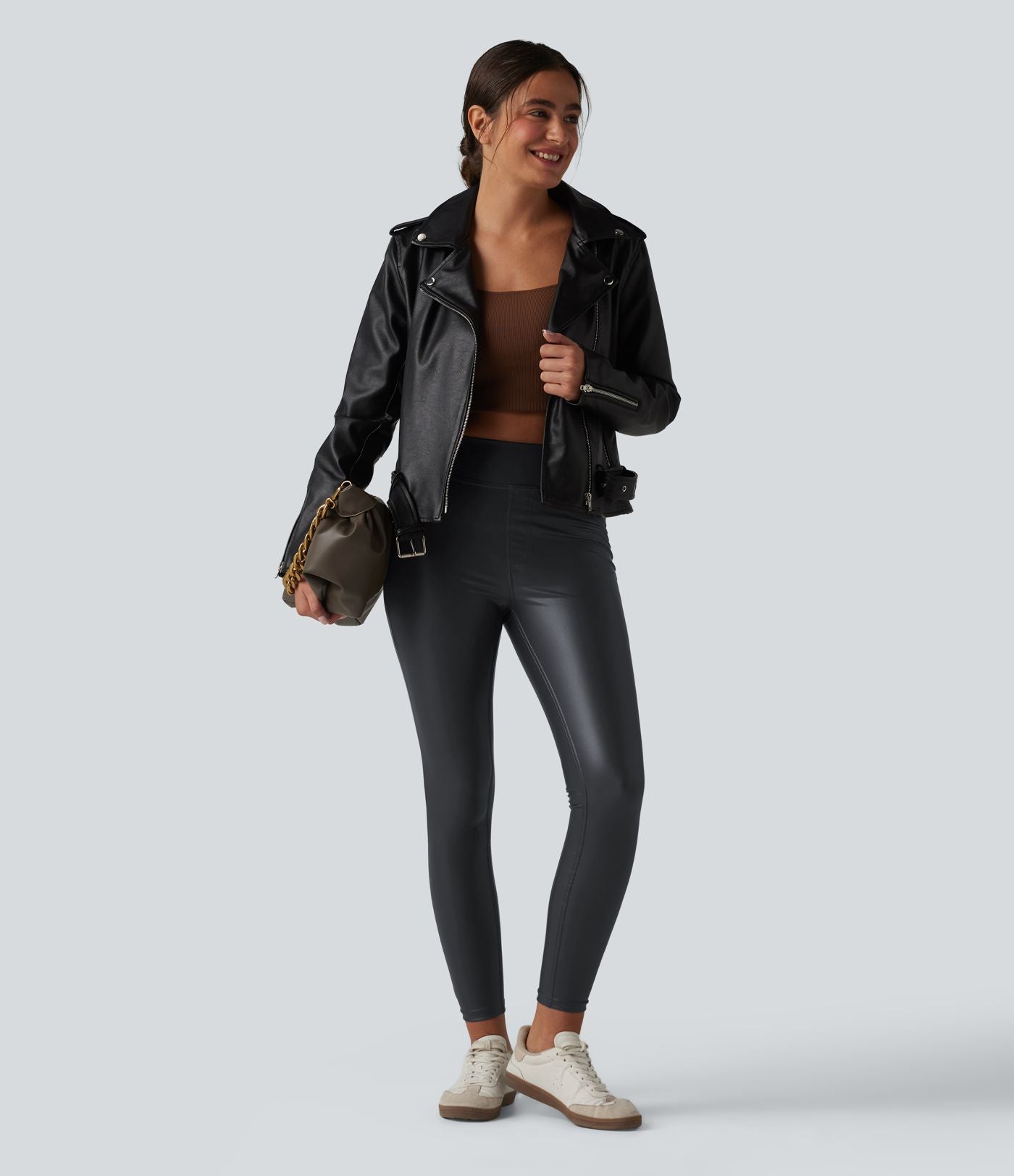 Pantalon skinny casual taille haute en simili cuir extensible avec poches