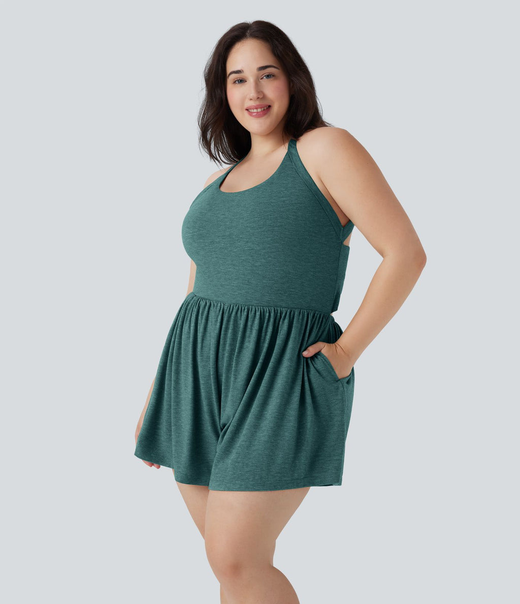 Combinaison-short de séjour grande taille 2-en-1 dos nu torsadée avec poches - Easy Peasy Edition