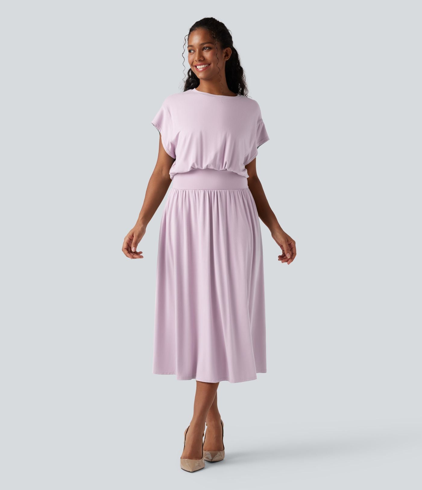 Robe de travail mi-longue fluide gainante à manches chauve-souris avec poches
