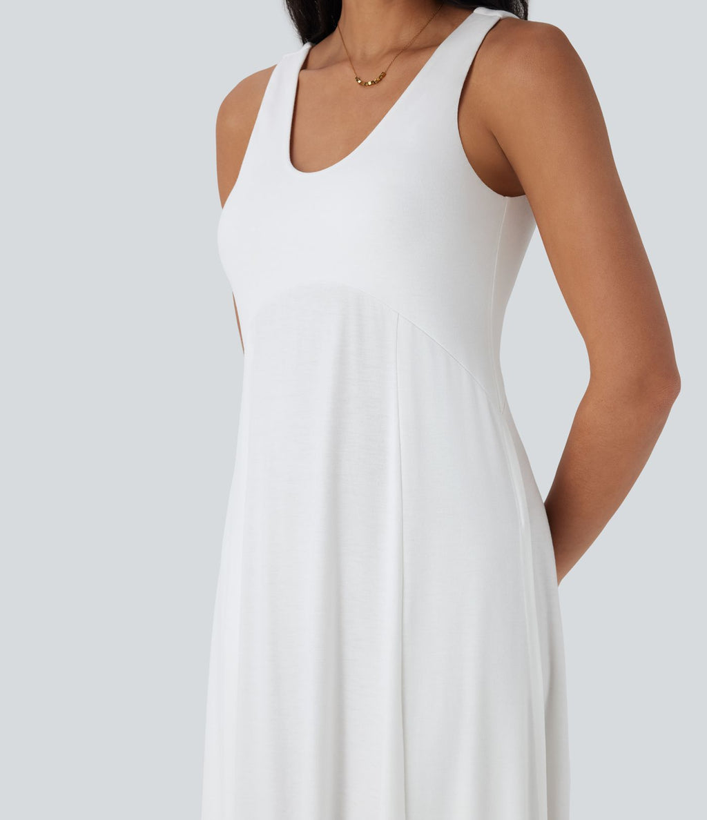 Robe longue à bretelles avec col U, dos nu, fente et coupe fluide