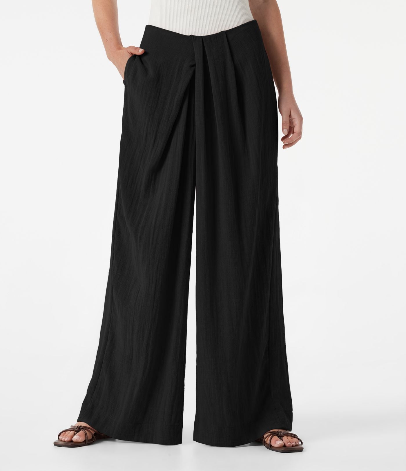 Pantalon ample décontracté effet lin, taille moyenne, à poches
