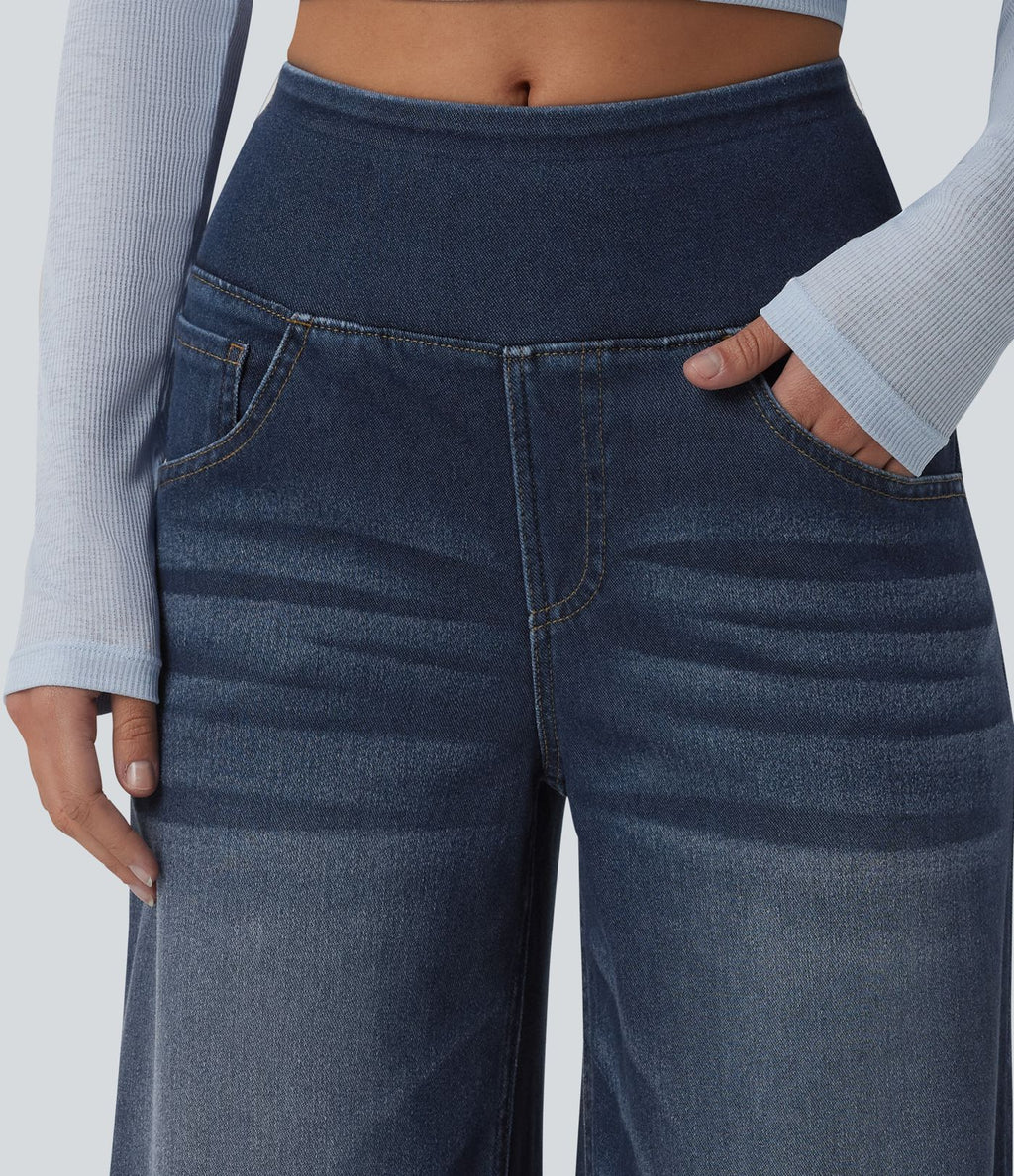 Halara Flex™ Jean large casual baggy taille mi-haute en lyocell drapé effet délavé, avec poches