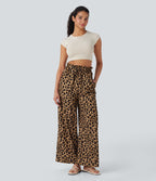 Pantalon large et fluide à imprimé léopard, taille haute avec cordon de serrage et poches latérales