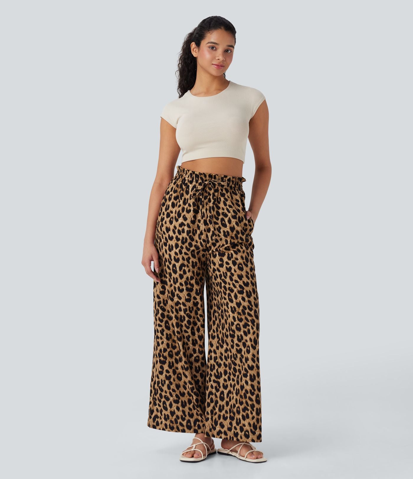 Pantalon large et fluide à imprimé léopard, taille haute avec cordon de serrage et poches latérales