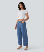 Jean Barrel 7/8 décontracté taille mi-haute délavé Halara Flex™ avec poches