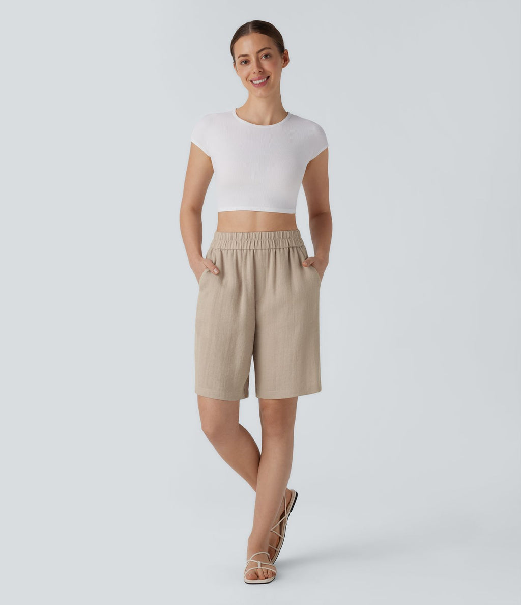 Short Bermuda Décontracté Taille Haute avec Poches Latérales