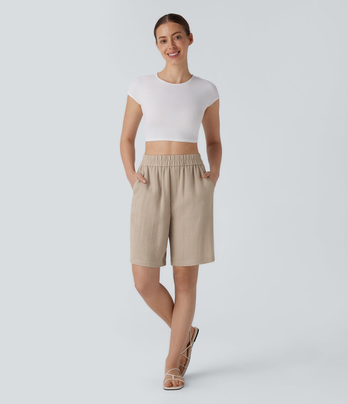 Short Bermuda Décontracté Taille Haute avec Poches Latérales