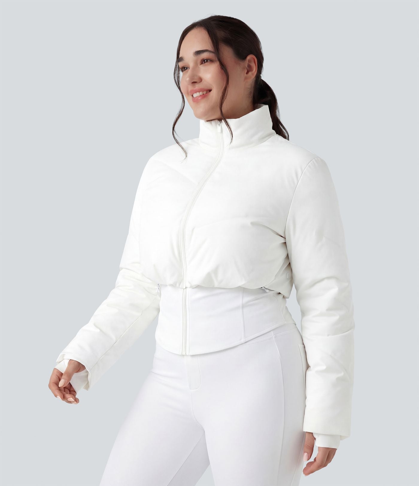 PuffFlex Grande taille Doudoune courte 3-en-1 col montant casual & Veste à ourlet arrondi et trous pour les pouces avec poches