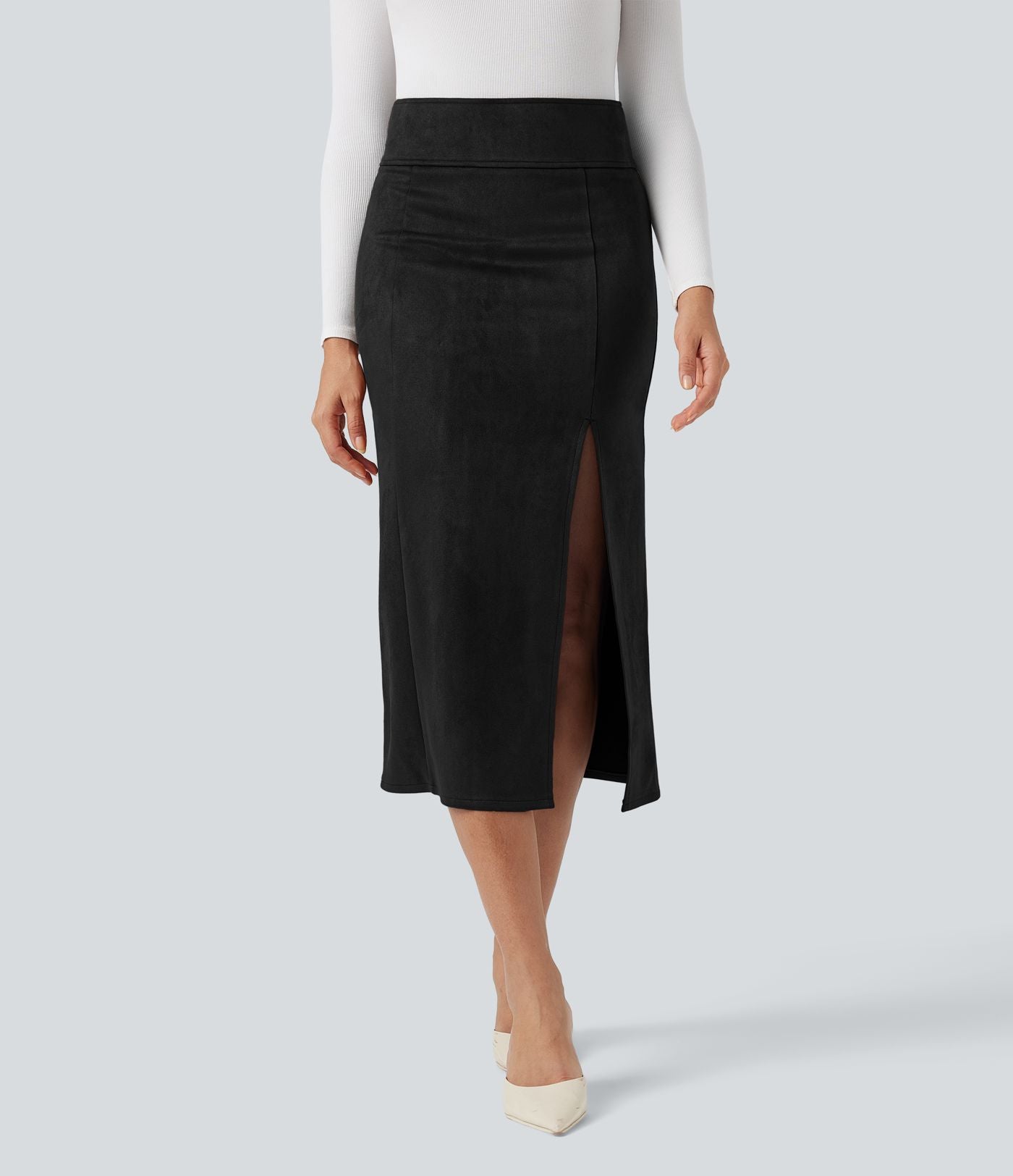 Jupe midi moulante en daim taille haute