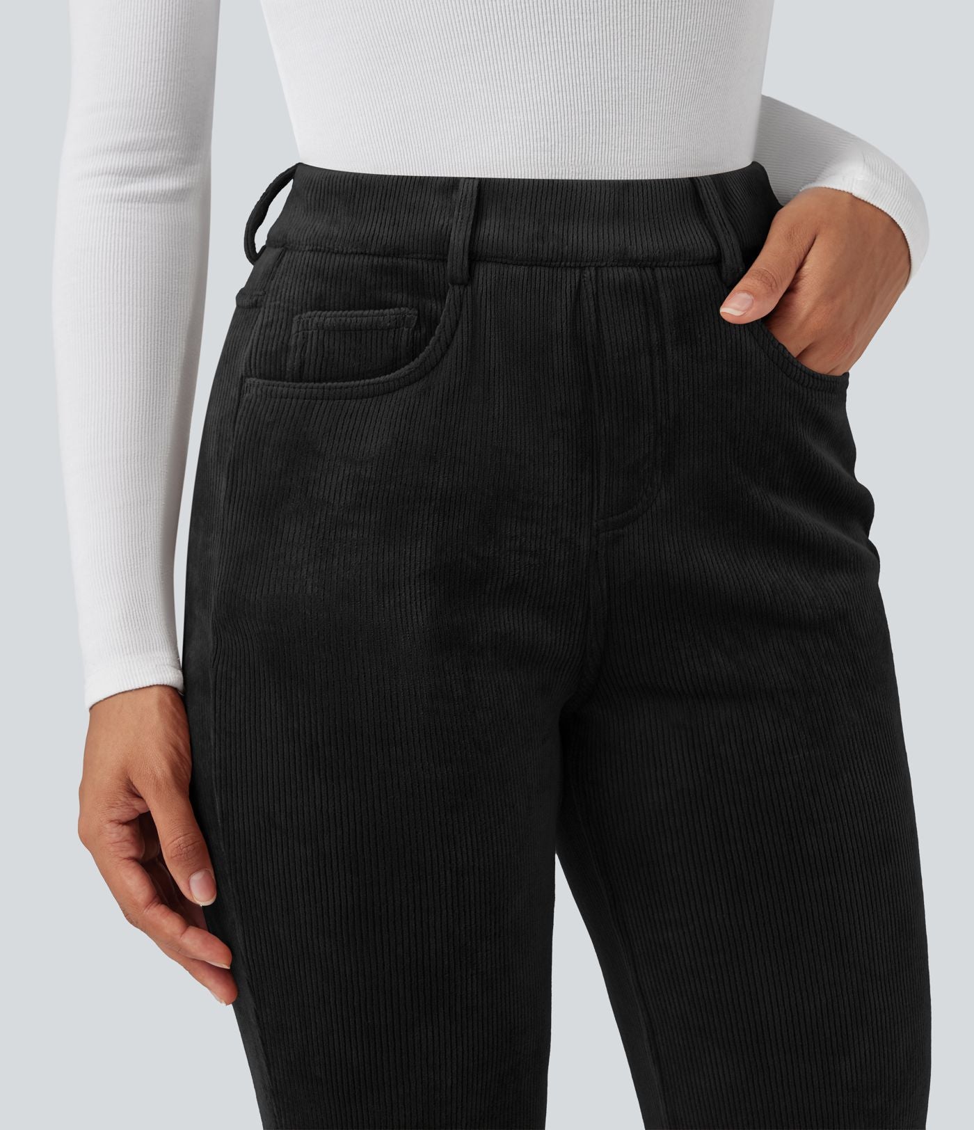 Pantalon évasé décontracté en velours côtelé molleton taille haute gainant avec poches