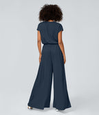Combinaison Casual Col en V Jambes Large Plissée Manches Courtes Poche Latérale Gaufrée Fluide