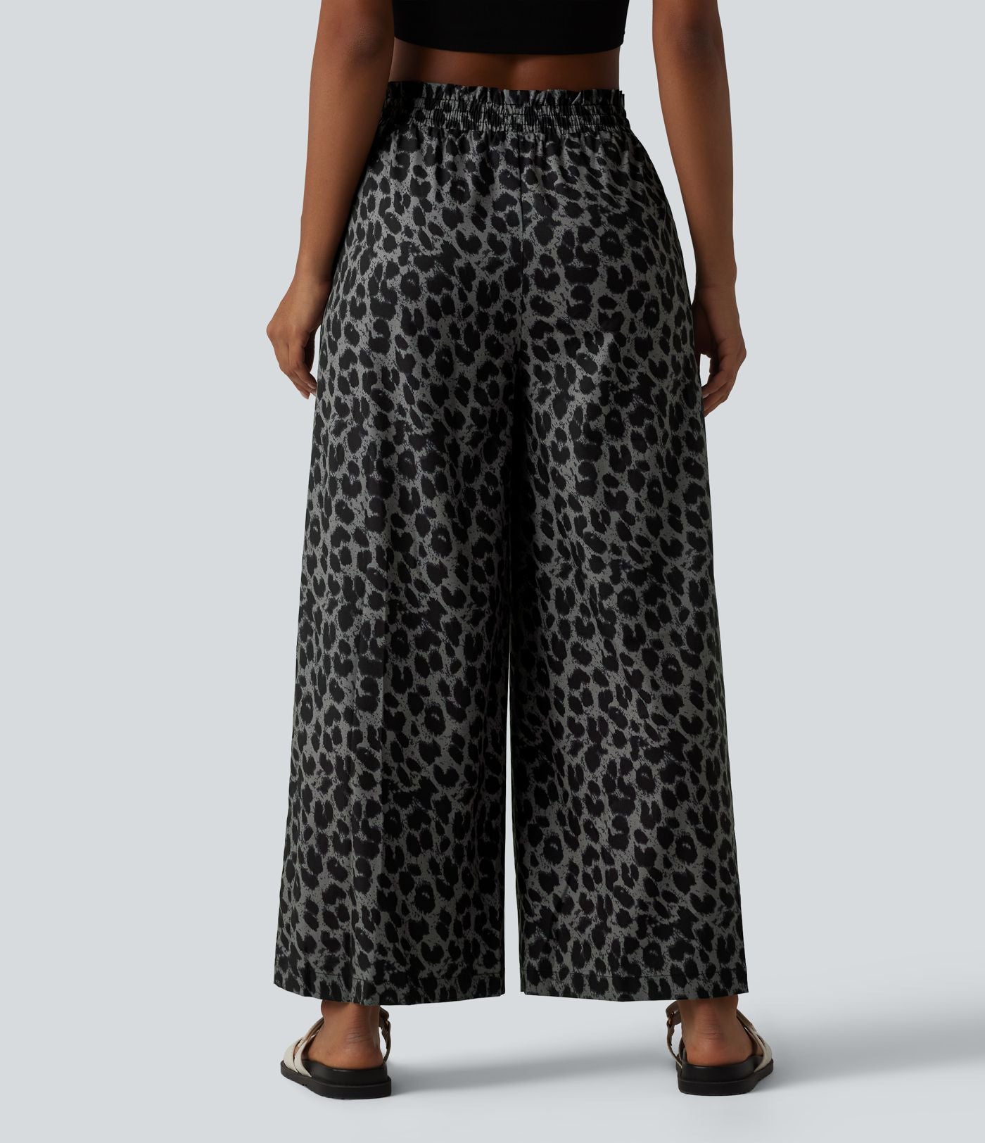 Pantalon large et fluide à imprimé léopard, taille haute avec cordon de serrage et poches latérales