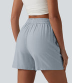 Short décontracté ample en lin mélangé taille haute avec cordon de serrage, 12,5 cm, et poches