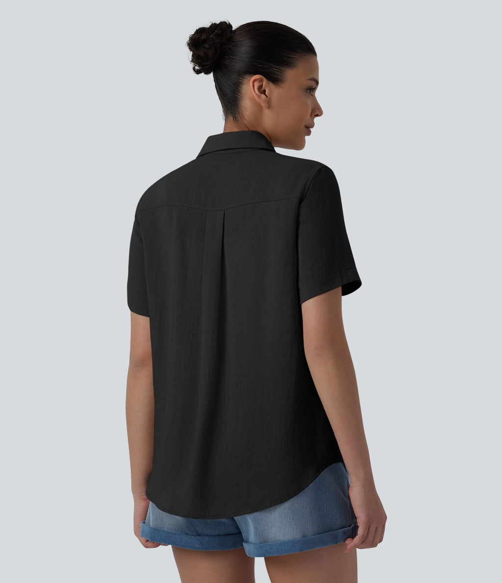 Chemise décontractée à manches courtes avec col et ourlet arrondi, aspect lin