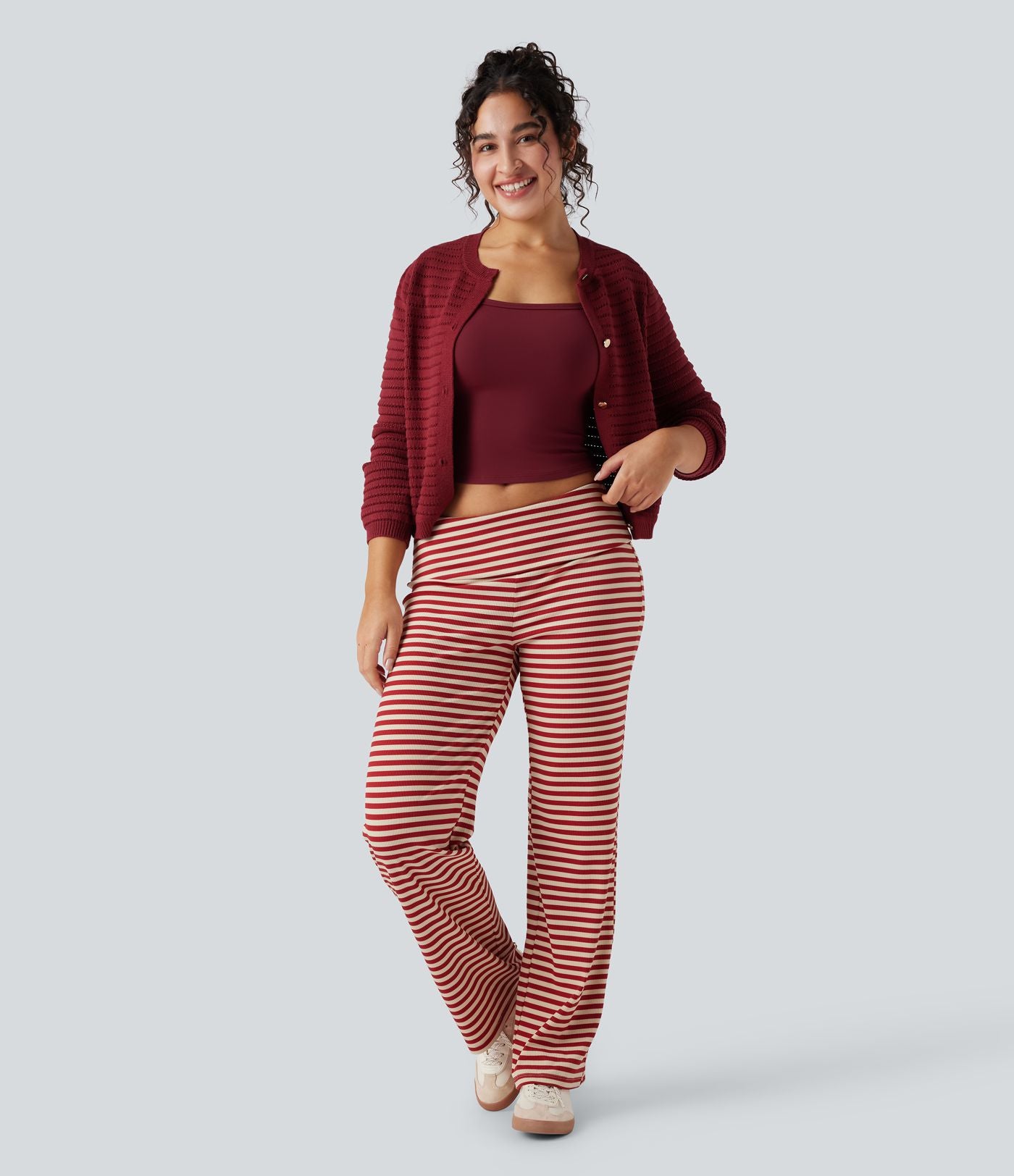 Pantalon évasé rayé taille basse à rabat