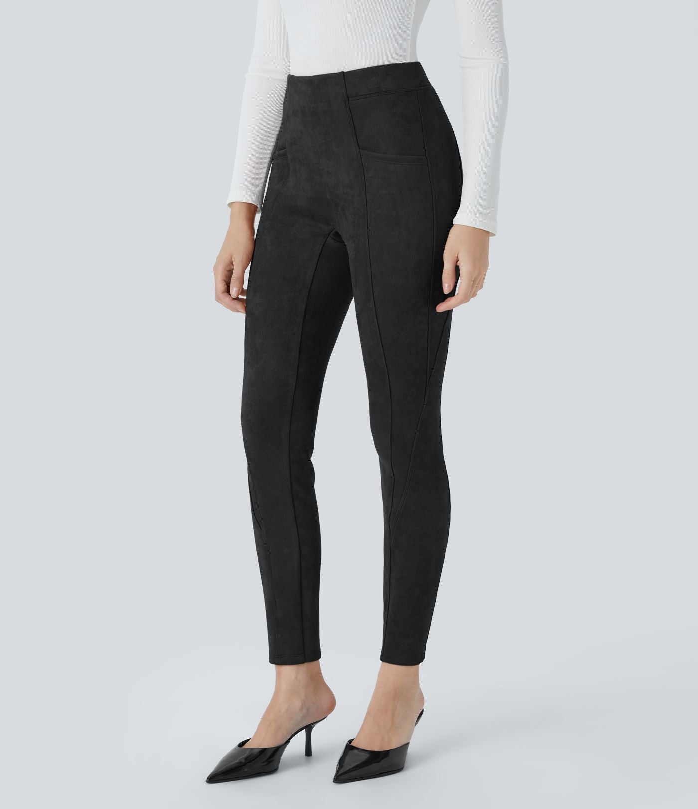Legging décontracté en suédine taille haute, gainant, avec poches latérales