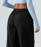 Pantalon cargo ample de randonnée taille haute avec cordon de serrage, fronces et poches