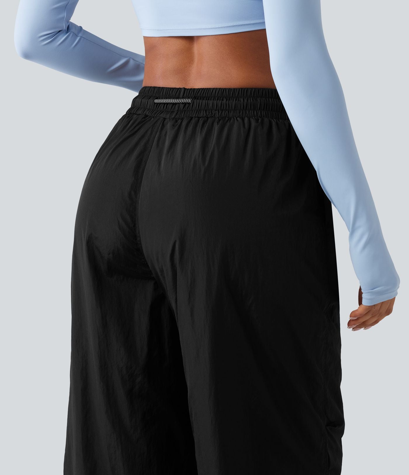 Pantalon cargo ample de randonnée taille haute avec cordon de serrage, fronces et poches