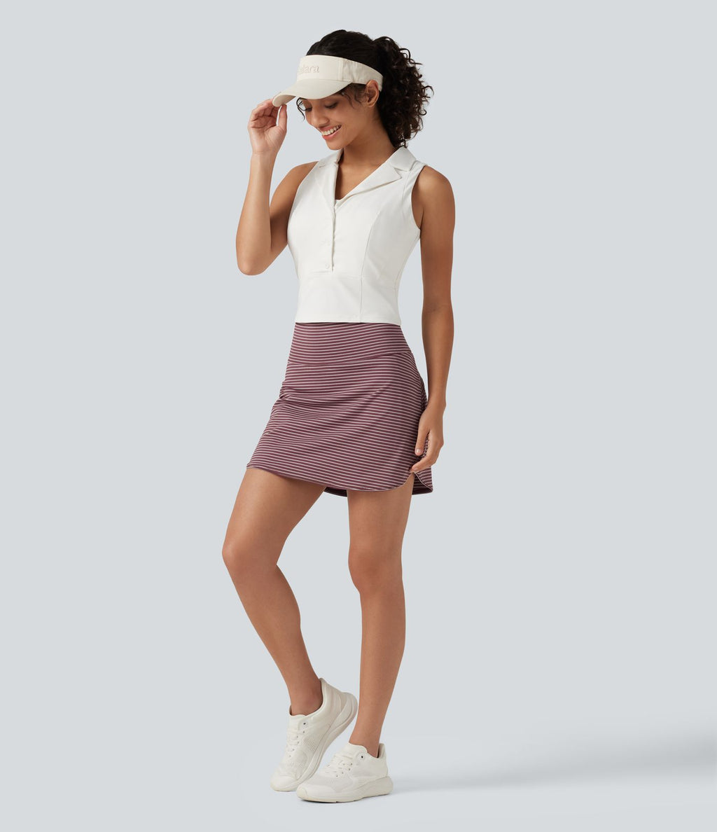 Mini-jupe de golf 2 en 1 à rayures, taille ultra haute, effet ventre plat, ourlet arrondi et poches