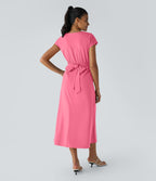 Breezeful™ Robe Mi-Longue Col en V Manches Courtes Poche Latérale Nouée au Dos Séchage Rapide