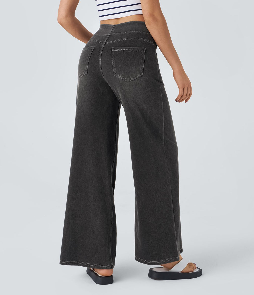Halara Flex™ Jean Large Casual Taille Haute Poches Multiples Tricot Extensible Délavé
