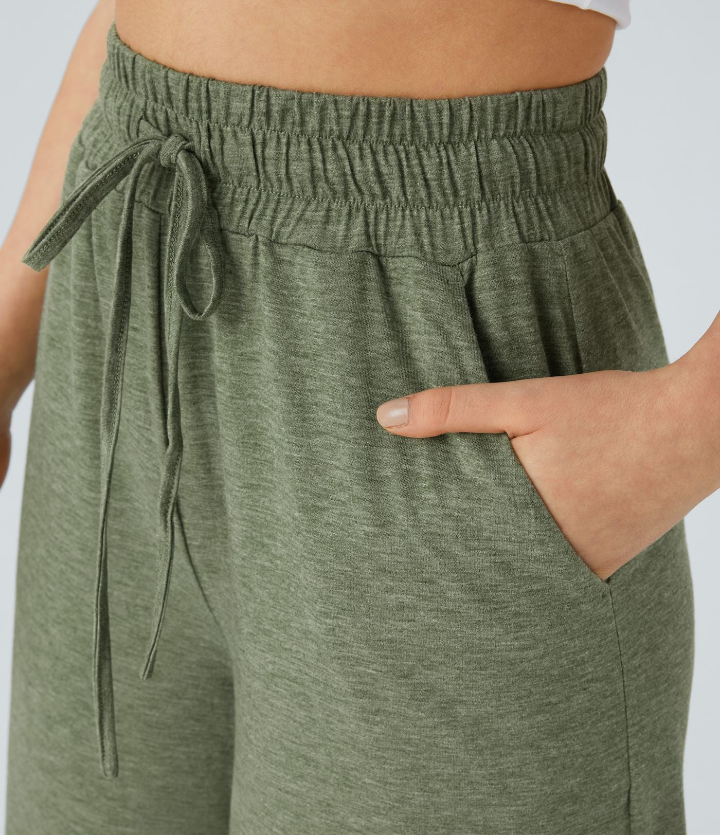 Pantalon Casual à Taille Haute avec Cordon De Serrage Poches Latérales et Volants Jambes Amples