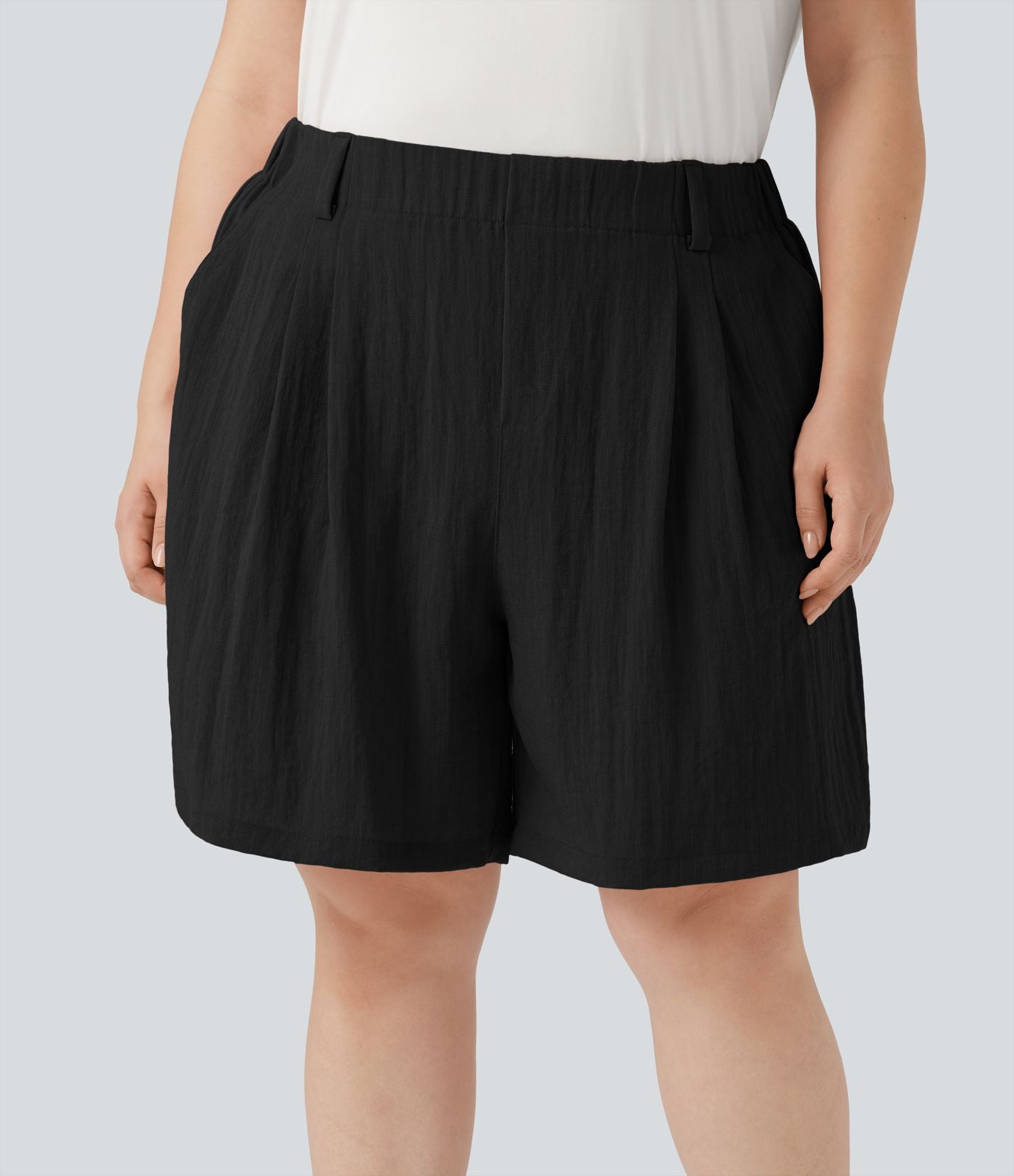 Bermuda décontracté grande taille aspect lin taille haute avec poches