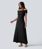 Robe casual maxi froncée à épaules dénudées avec lien noué dans le dos