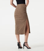 Jupe-short midi moulante taille haute effet ventre plat en suédine froncée