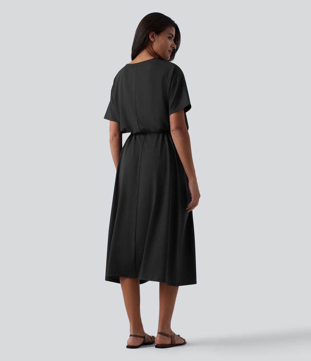 Robe T-shirt casual midi fluide col rond manches courtes avec ceinture et poches