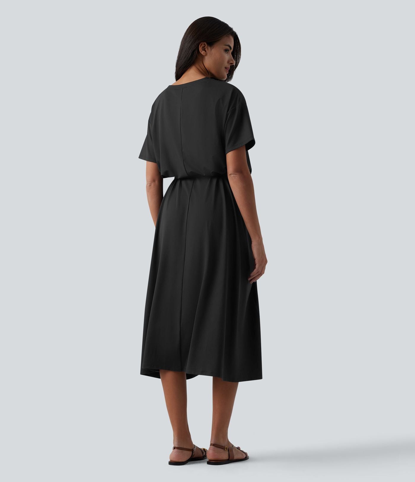 Robe T-shirt casual midi fluide col rond manches courtes avec ceinture et poches