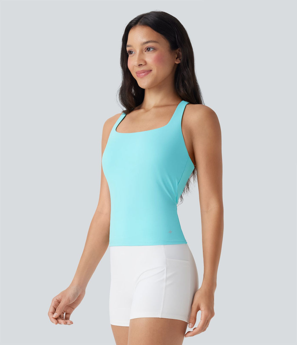 Débardeur de course crop top dos nu col carré bretelles croisées Softlyzero™ Airy Cool Touch - longueur rallongée - UPF50+